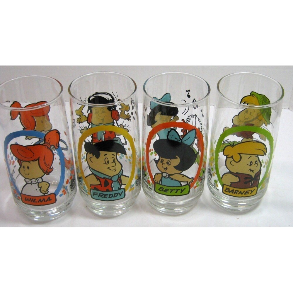 Vintage 1986 Pizza Hut "The Flintstone Kids" Complete Set of 4 Drinking Glasses!